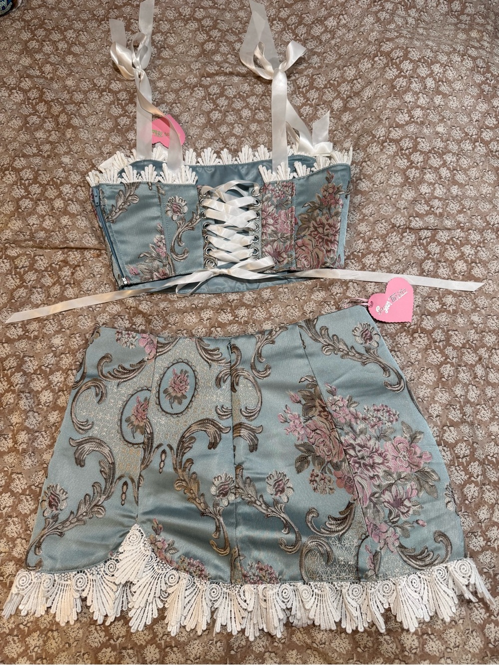 Floral Brocade Mini Skirt and Corset Ribbon Top in Light Blue with Lace Trim - Picture 4 of 5